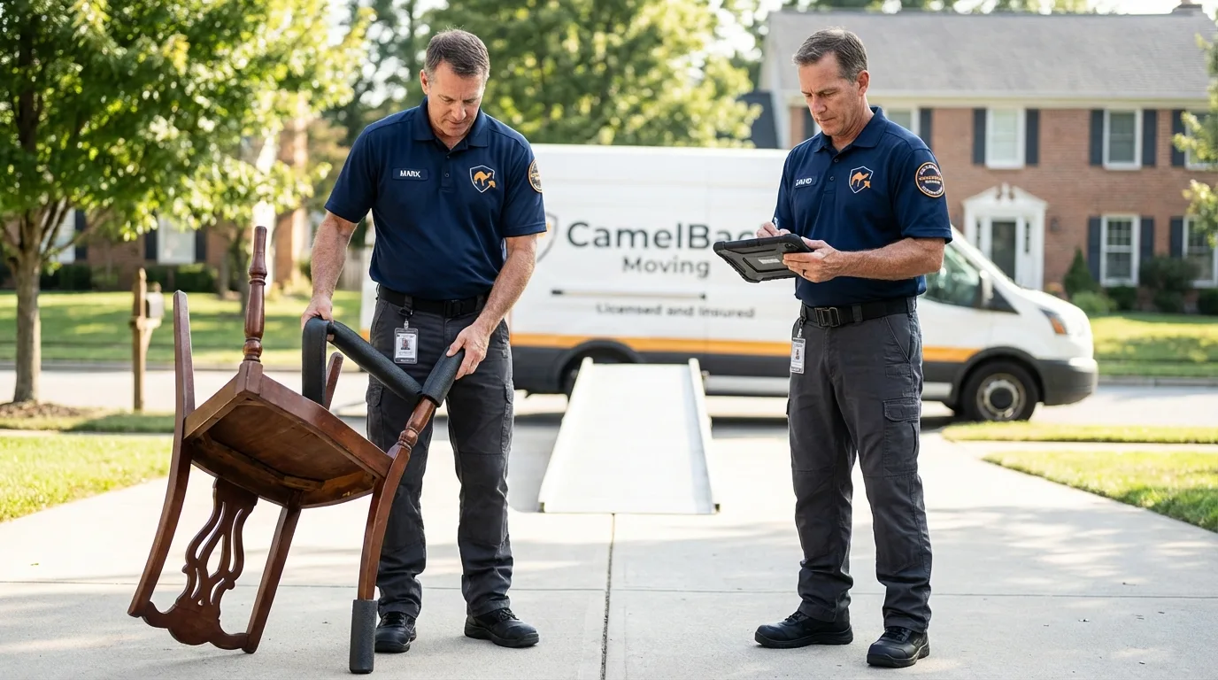 Movers inspecting furniture for damage prevention before loading in Patrick Springs, VA