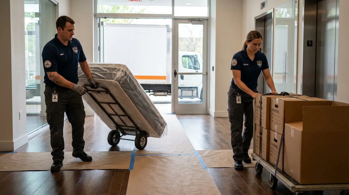 Professional apartment movers loading elevator in Patrick Springs, VA