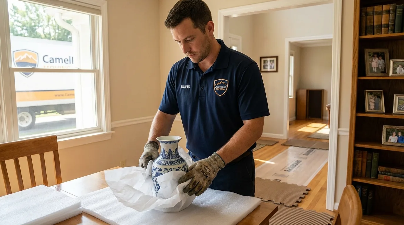 Professional crew carefully wrapping antique vase for senior downsizing move in Patrick Springs, VA